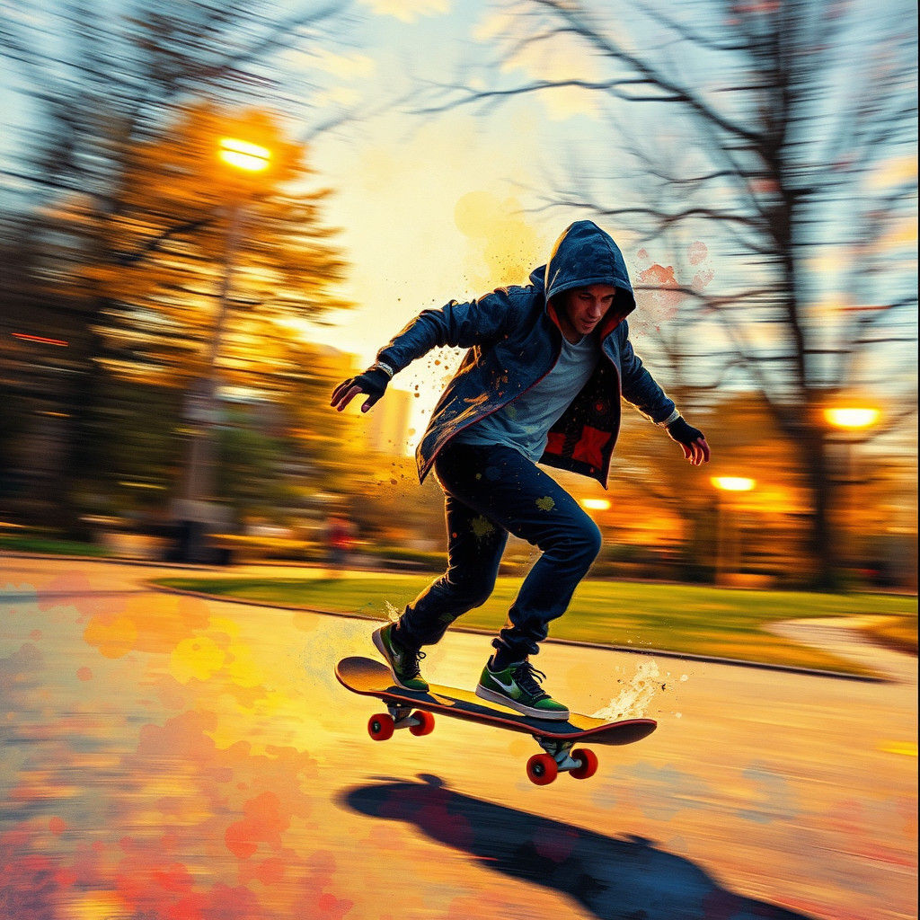 Skateboarder in Motion: Alcohol Ink Wash Style