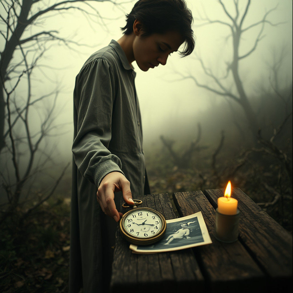 Melancholy Figure Receives Sign in Misty Remembrance