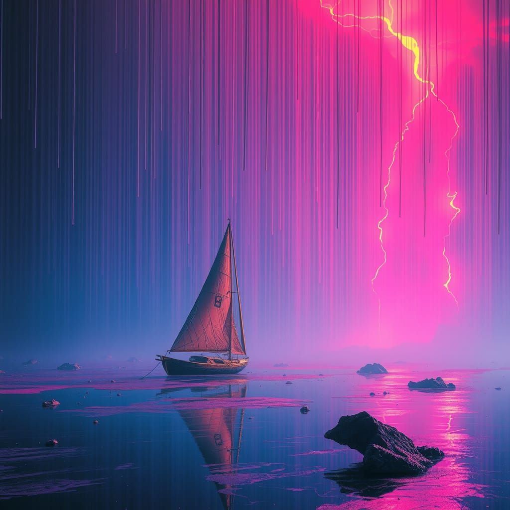 Toxic Acid Rain Dissolves Futuristic Sailboat in Neon-Lit Dr...