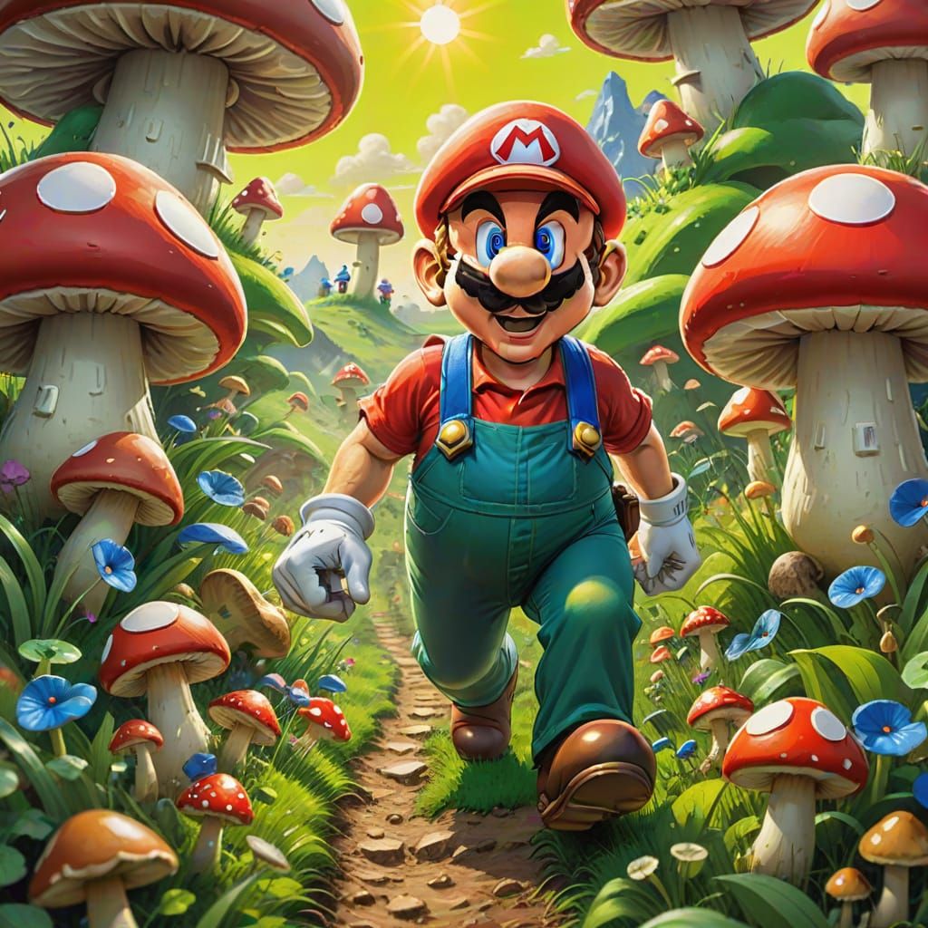 Super Mario Runs Through Mushroom Kingdom in Gouache Paintin...