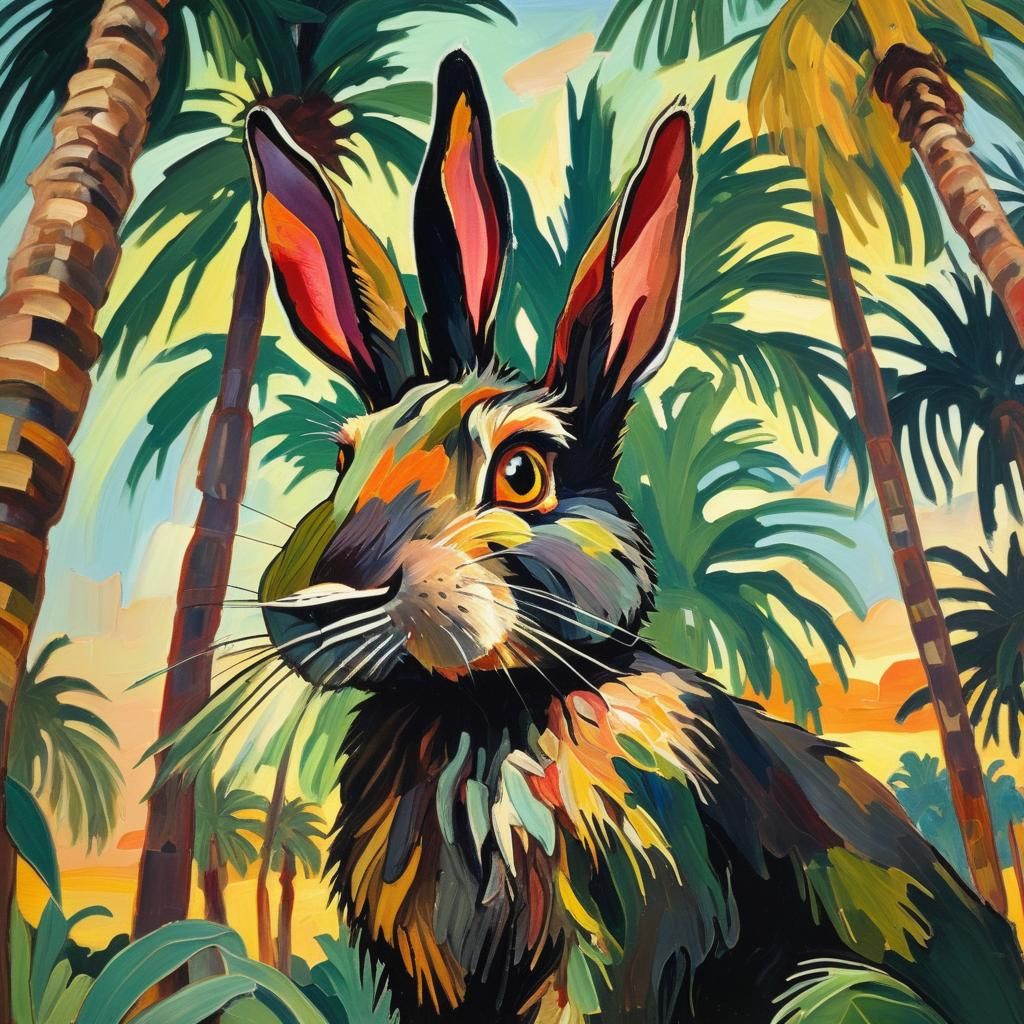 Heroic Rabbit Under Palms in Expressionist Oil Painting