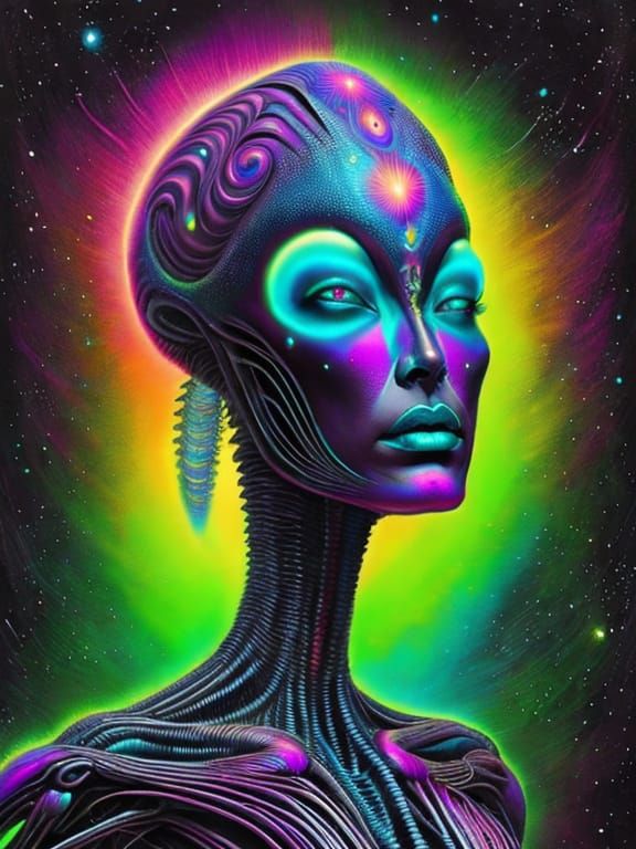 Cosmic Glowing Alien Woman in Neon Colors
