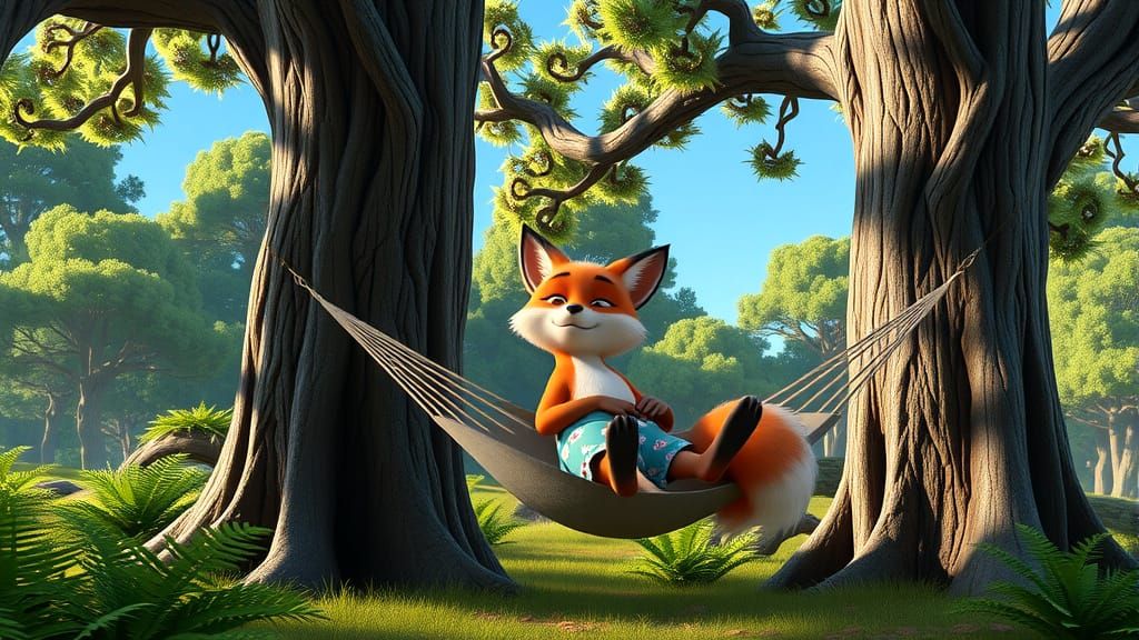 Fox Relaxation: Pixar-Style Hammock Scene in Forest
