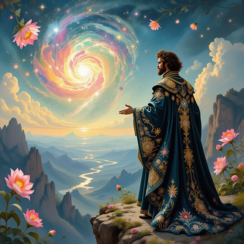 Gay Man in Celestial Robes Overlooking Dreamlike Landscape