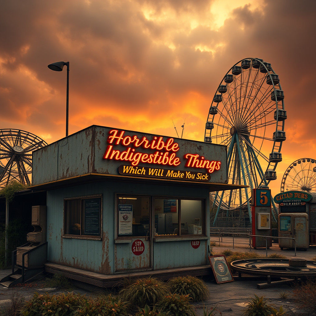 Forgotten Amusement Park Hot Dog Stand in Whimsical Fantasy....