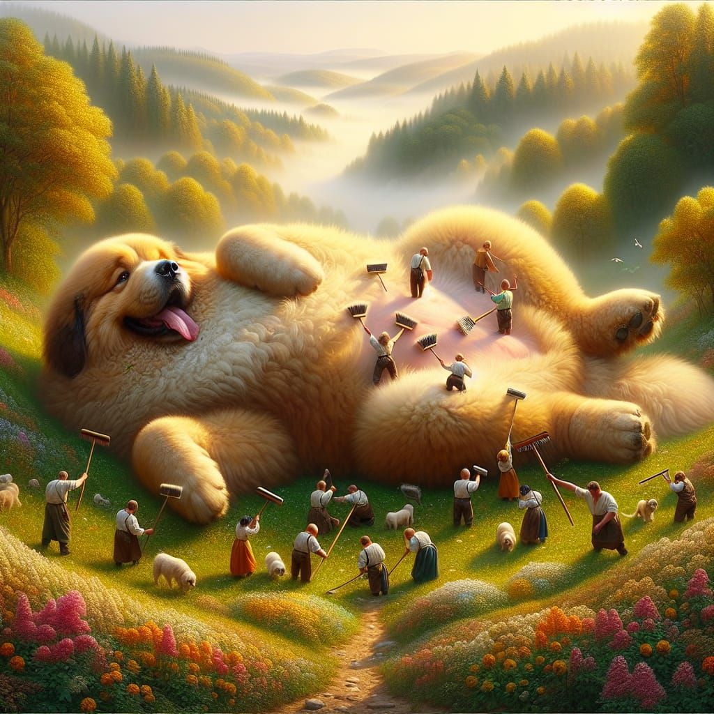 Hyperrealistic Dog Grooming in Pastoral Landscape