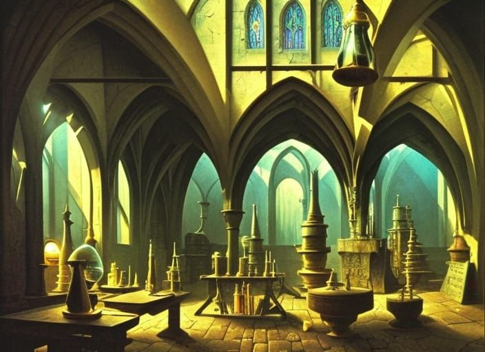 Detailed Alchemist Workshop with Glass Lamps and Tools