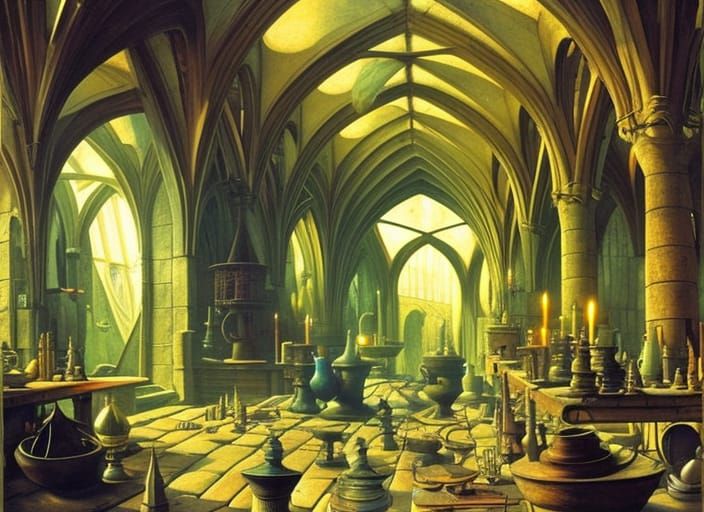 Alchemist Workshop with Gothic Arches and Glassware