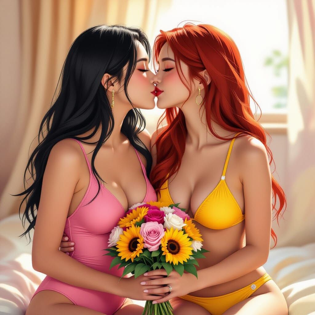 Two Women Share a Kiss in Photorealistic Style
