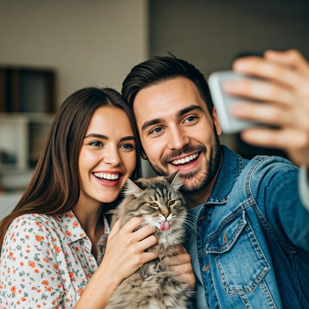 Happy Couple Selfie with Grooming Cat