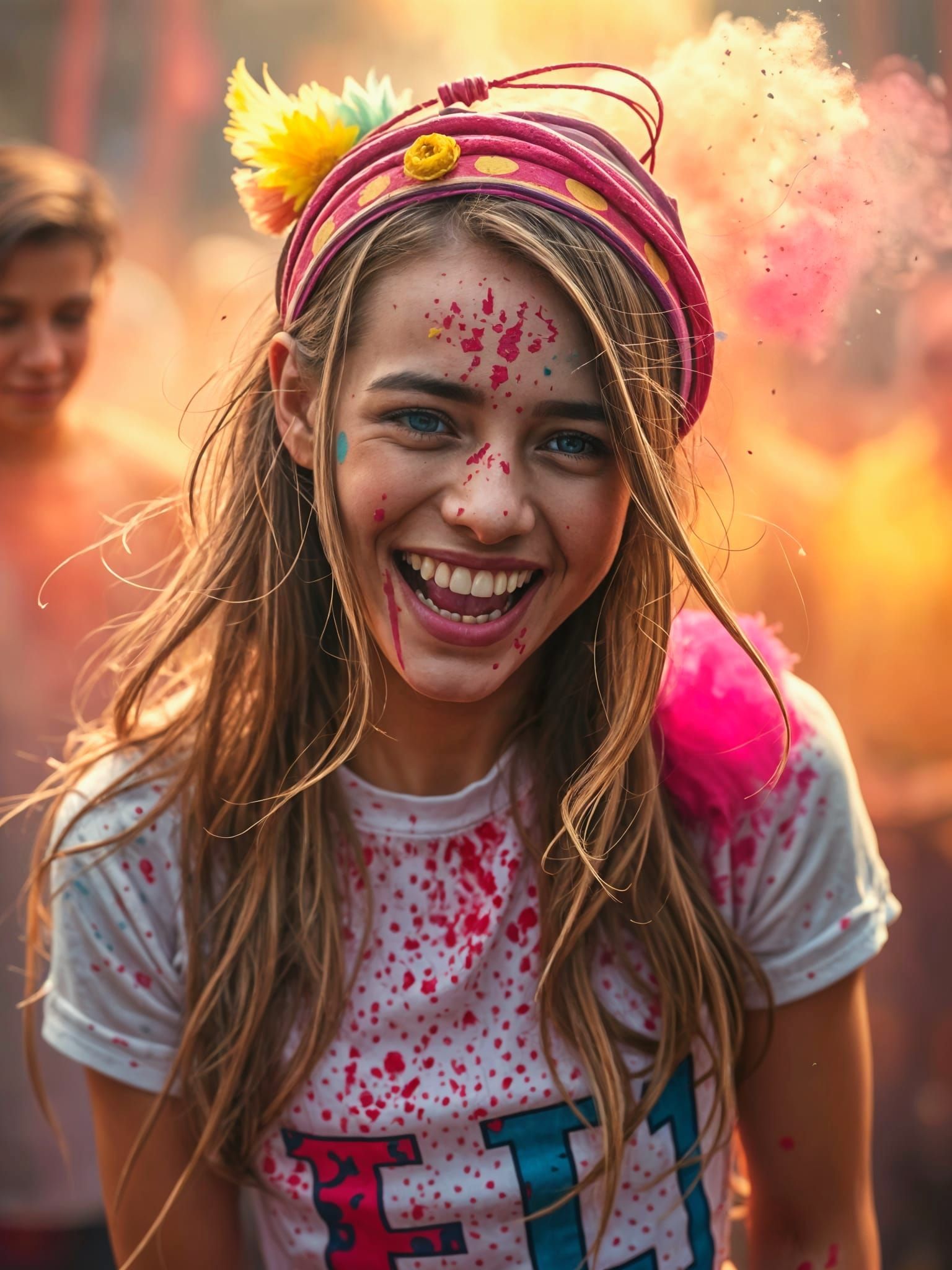 Woman at Holi Festival Amidst Colorful Chaos