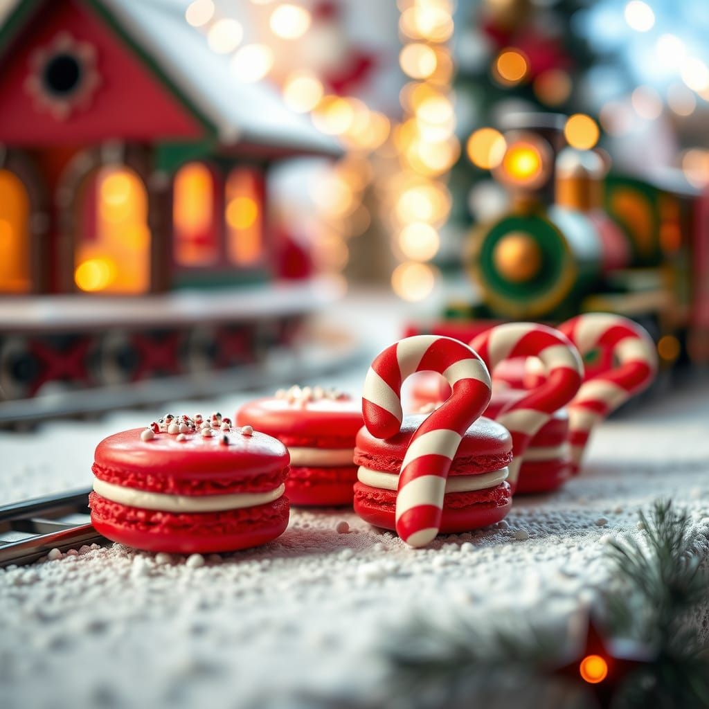 Christmas Macaroon Cookies as Candy Canes on Railway