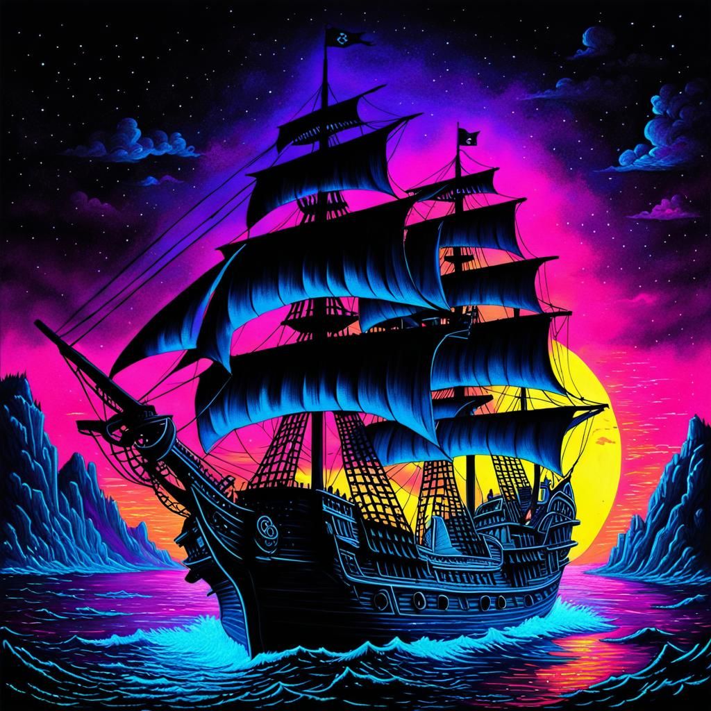Neon Pirate Ship in Glowing UV-Reactive Colors