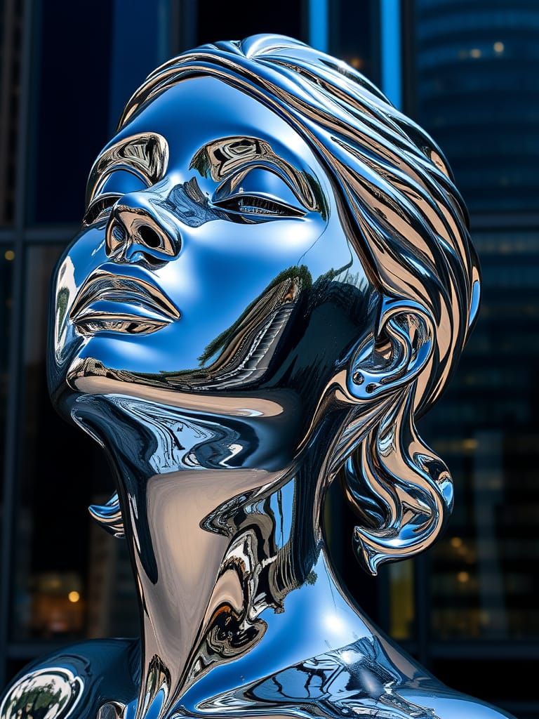 Chrome plated abstract female sculpture reflecting a citysca...