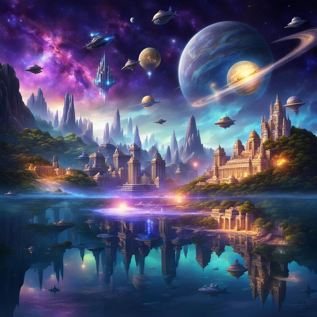 Futuristic Atlantis Cityscape in Starry Galaxy