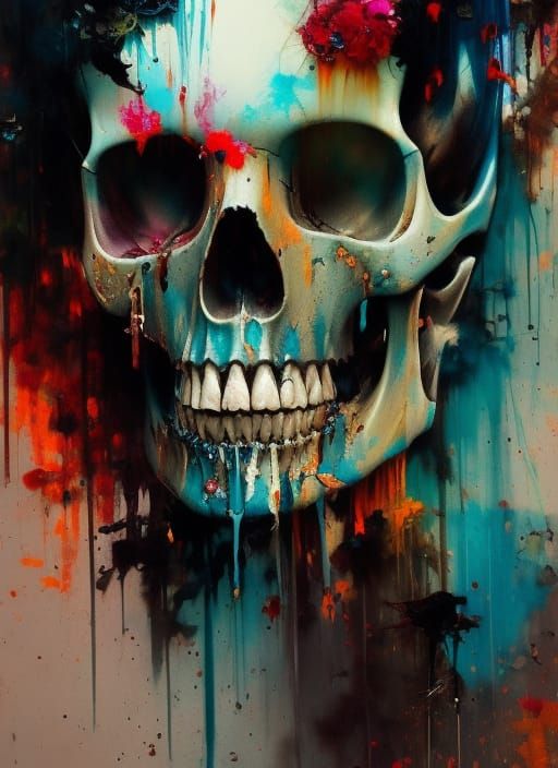 Sinister Cartoon Skull Portrait with Dripping Paint