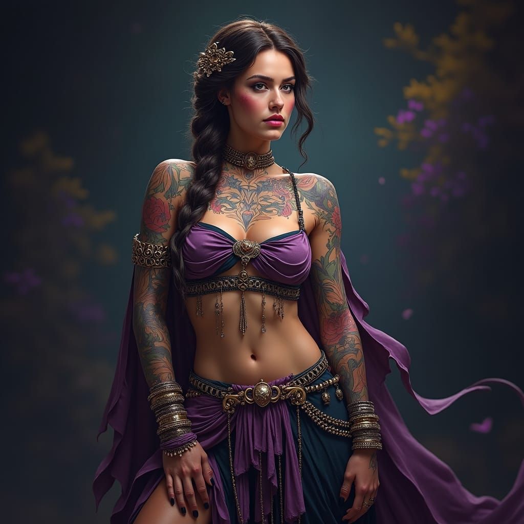 Tattooed Woman Portrait in Dark Fantasy Style