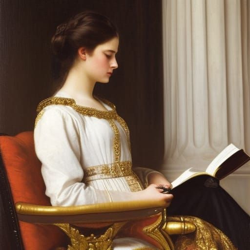 Elegant Woman Reading in Library, in Realist Style