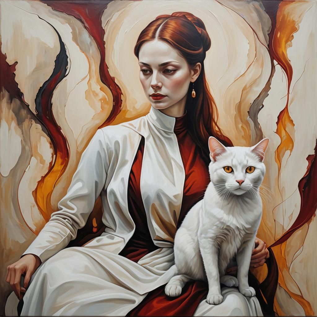 Surrealist Oil Painting of a Cat and Woman