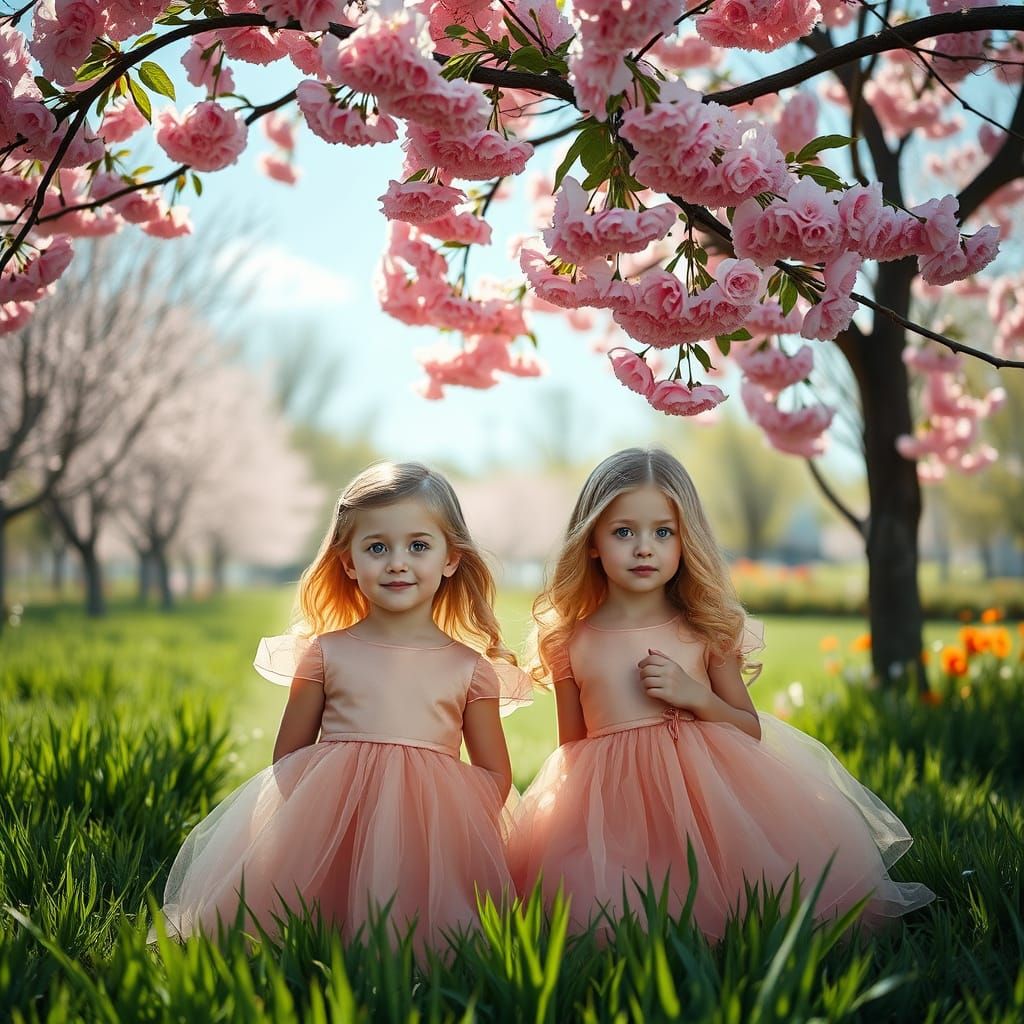 Two Identical Sisters Pose in a Vibrant Spring Garden