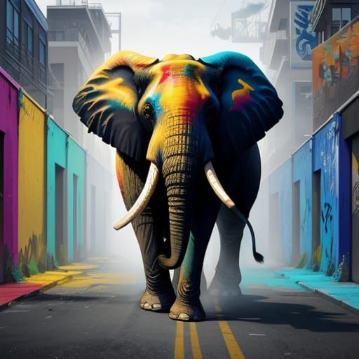 Graffiti Elephant in Vibrant City Street Splash Art