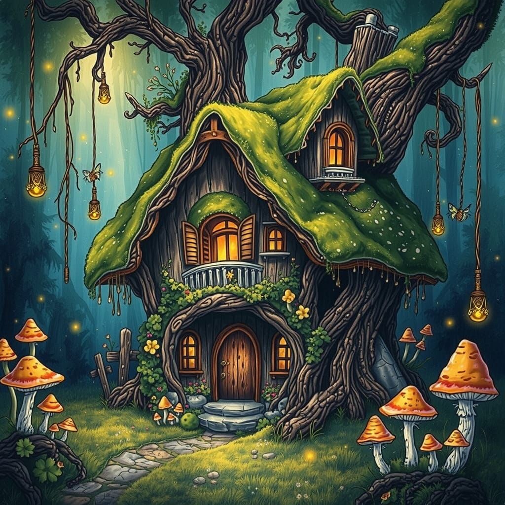 Bioluminescent Cottage in Painterly Style