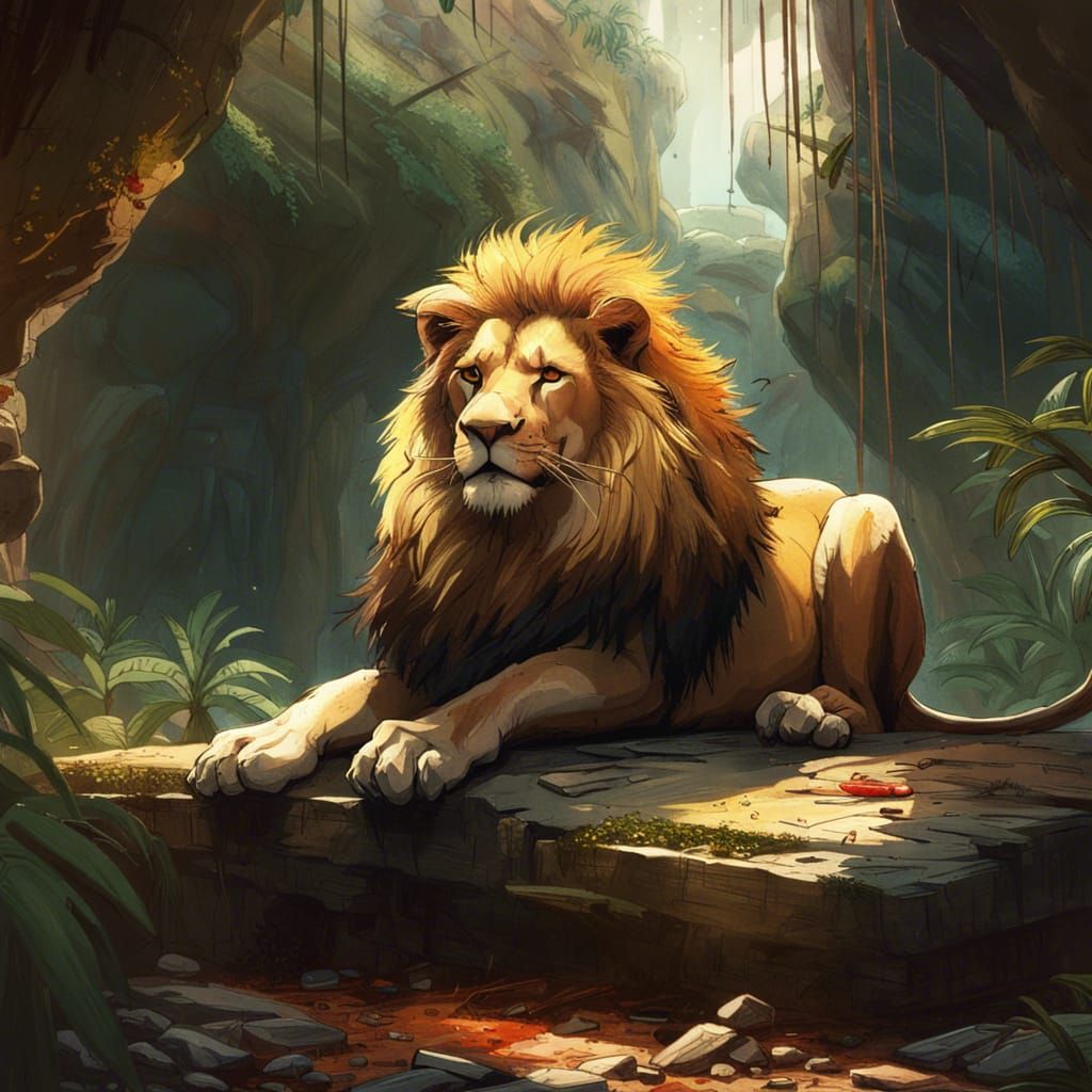 Hyperrealistic Lion on Sandstone Platform in Jungle