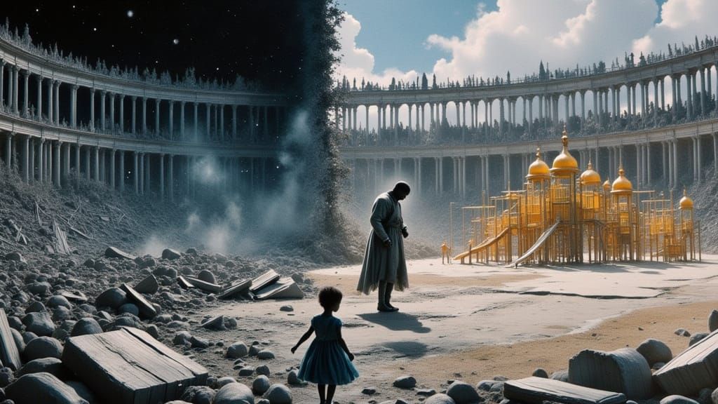 Child Soldier in Split Arena of Light and Dark