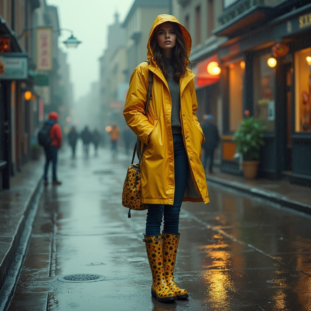 Woman in Sunflower Raincoat in Photorealistic Style