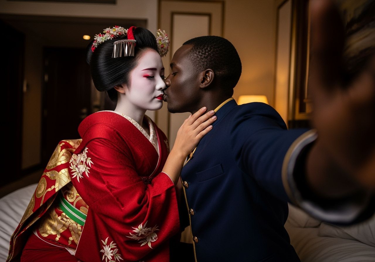 Geisha's Passionate Kiss: An Intimate Hotel Encounter