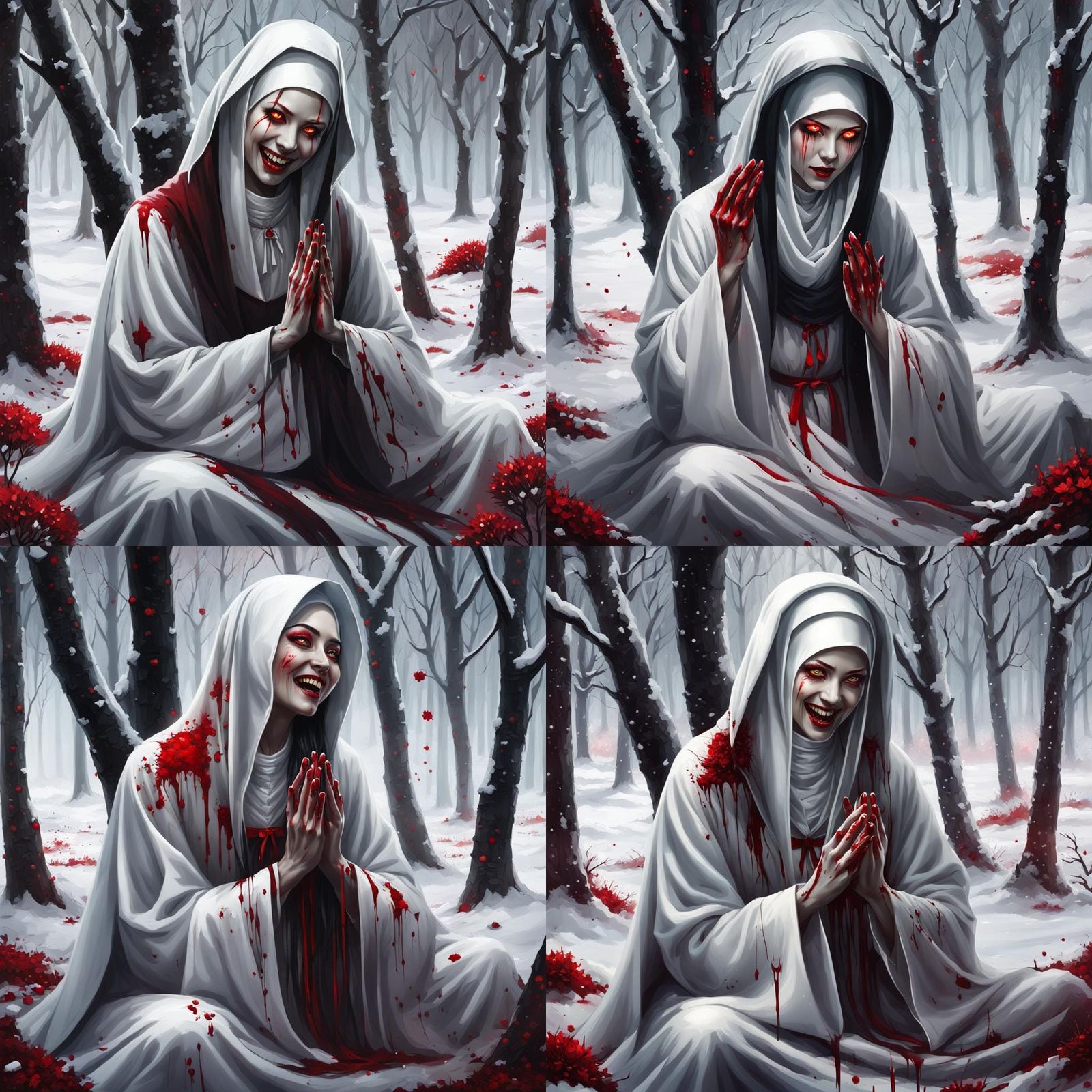 Creepy Hag Praying in Bloody Winter Landscape