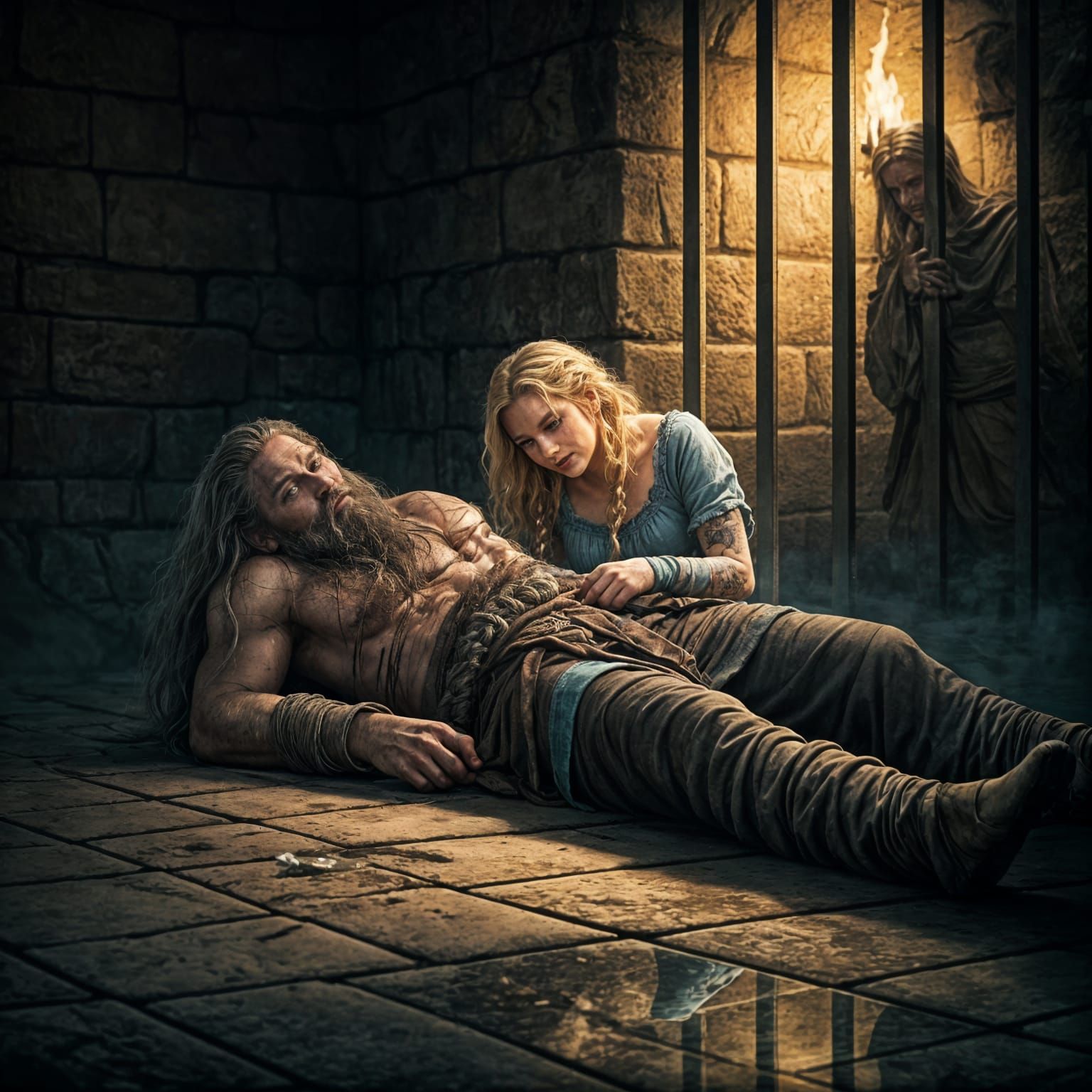 Battle-Hardened Viking Warrior in Castle Prison at Night