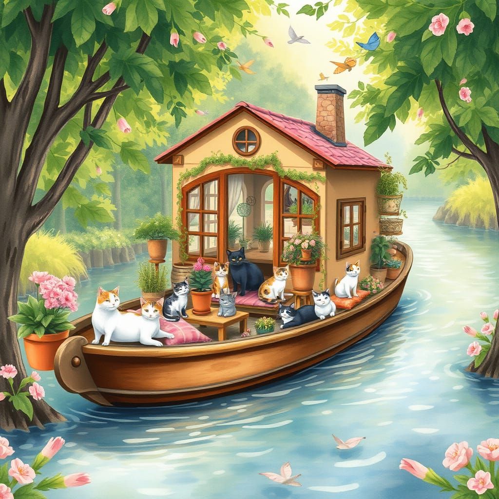 Whimsical Watercolor Houseboat on a Serene River
