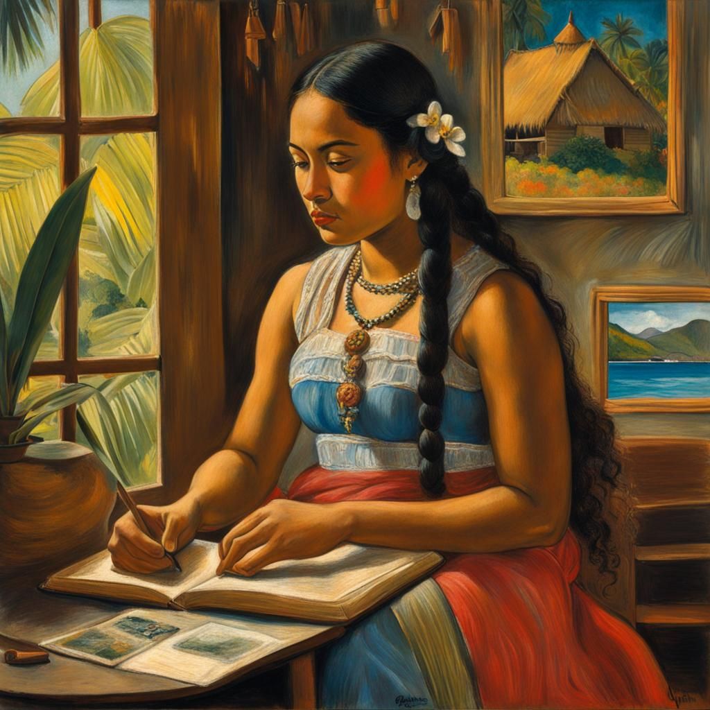 Young Tahitian woman posing for an oil painting by Gauguin #...