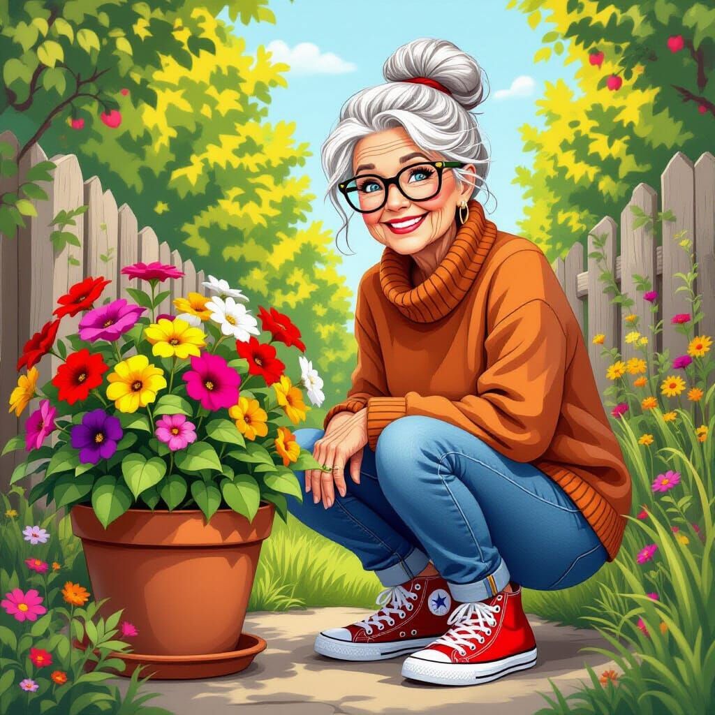 Trendy Granny Gardening: Comic Book Art Style