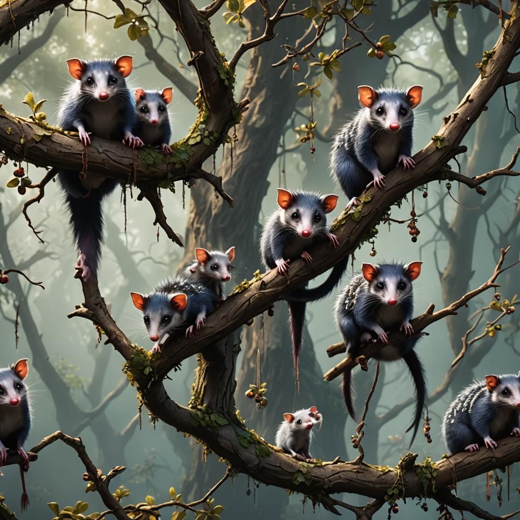 Opossum Family in Detailed Fantasy Art