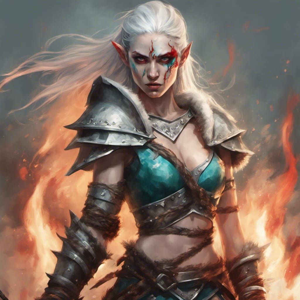 Furious Elf Barbarian in Burning Landscape