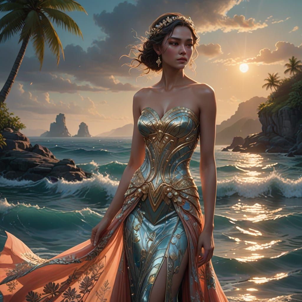 Elegant Water Goddess in Tropical Seascape