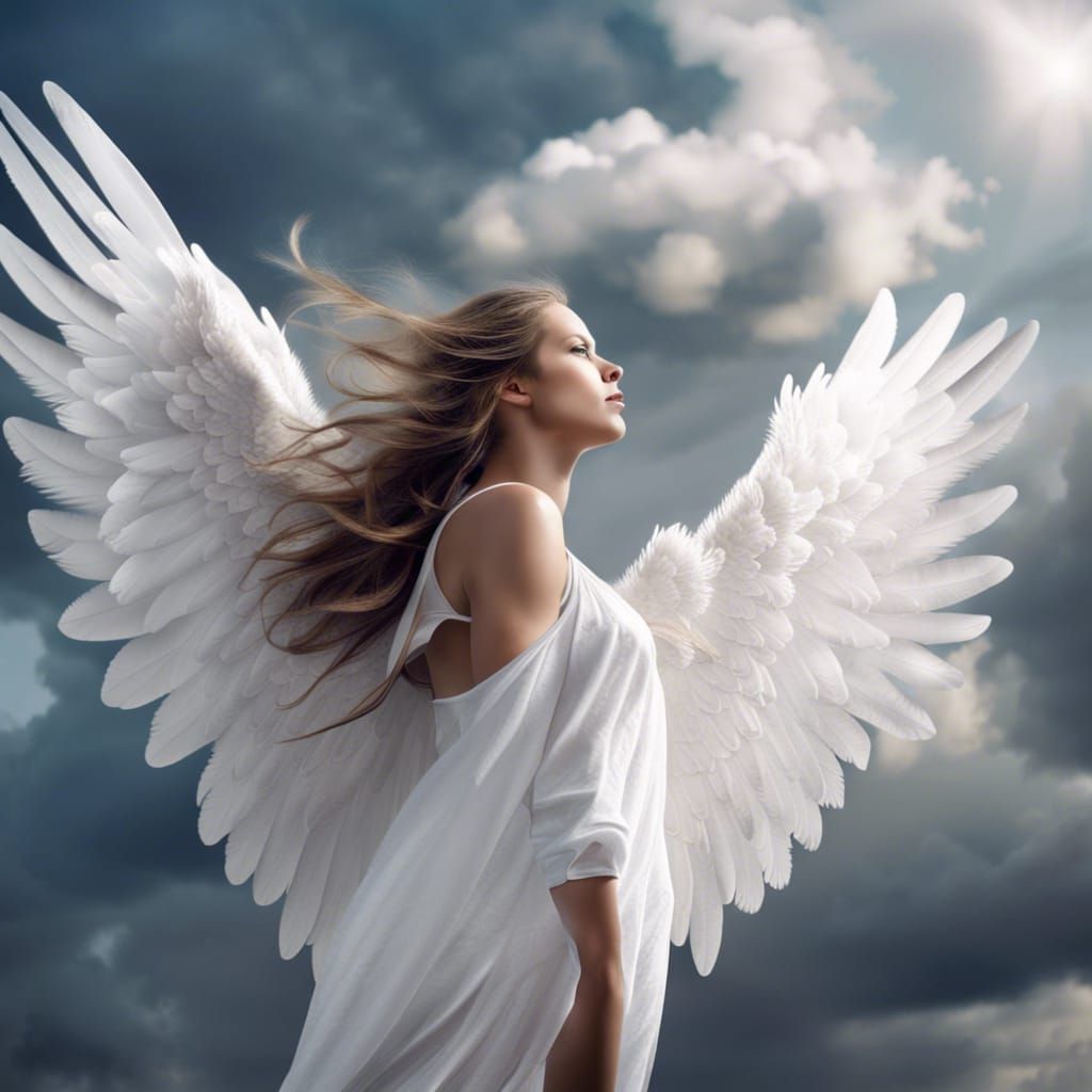 Beautiful Girl with Angel Wings Flying in Sky