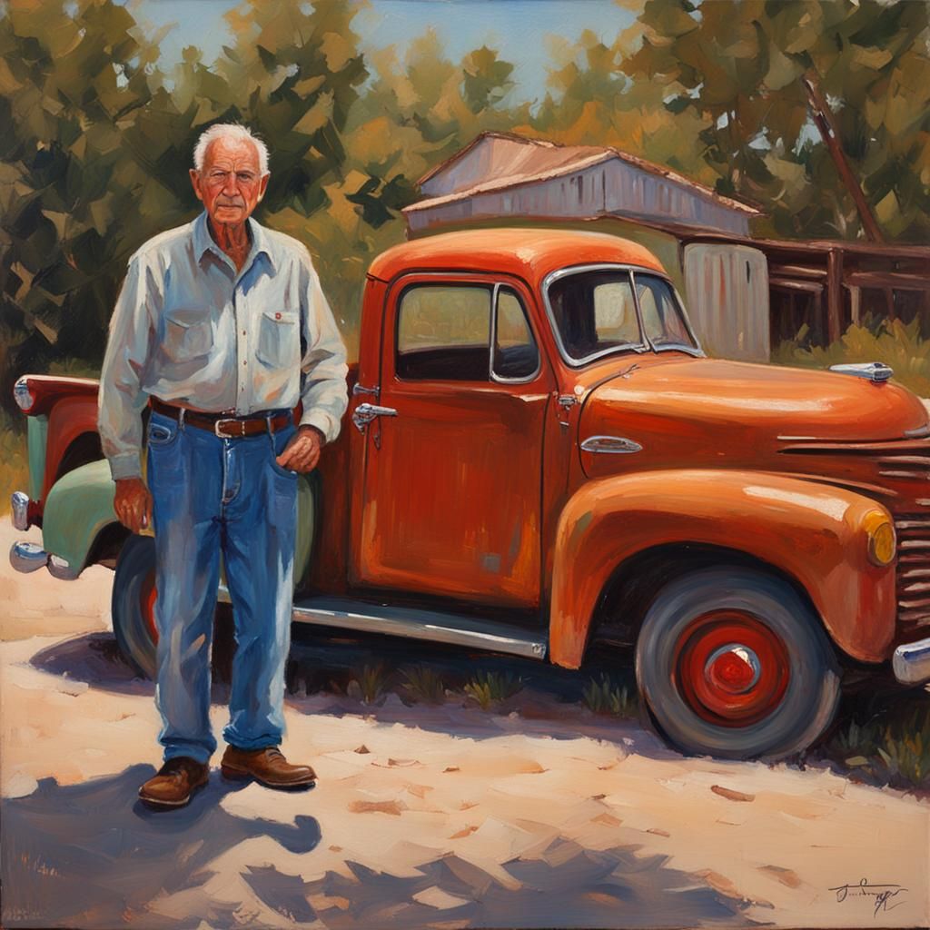 Grandpa and 50's Pickup Truck: Oil Painting
