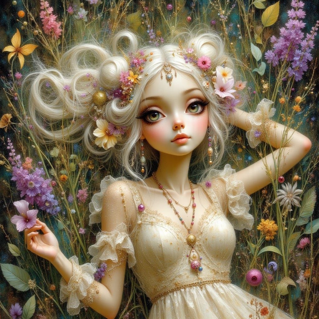 Tim Burton Style Woman with Twisted Hair and Pearls