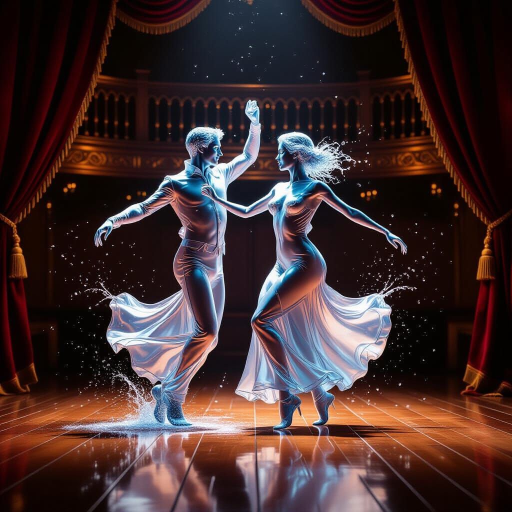 Liquid Couple Dancing on Medieval Street in Amber Light