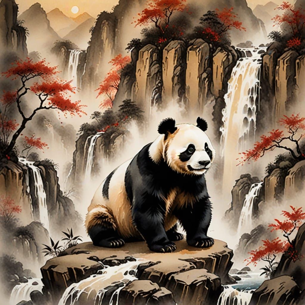 Panda in Misty Mountains: Chinese Ink Painting