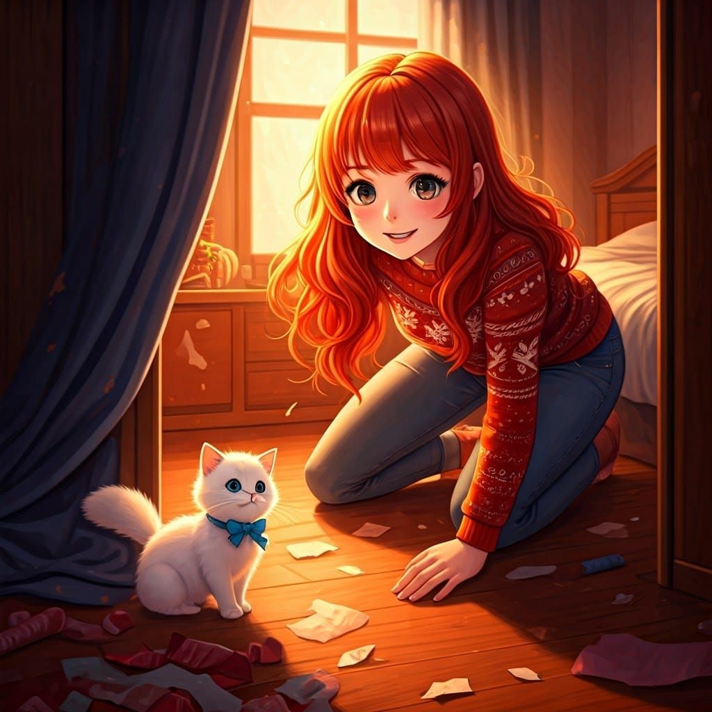 Mischievous Holiday Cheer: Anime Girl and Kitten Sneak a Pee...