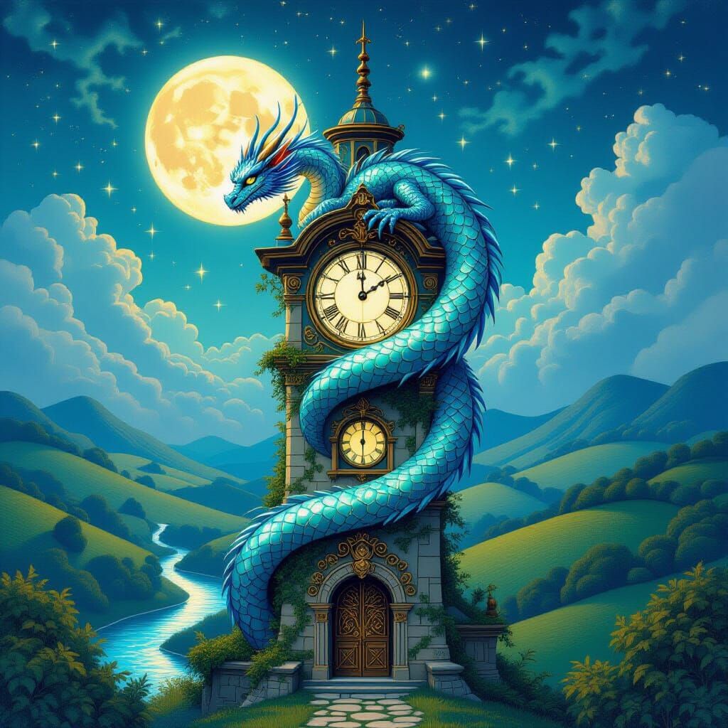 Iridescent Dragon Curled Around Ornate Clock Tower