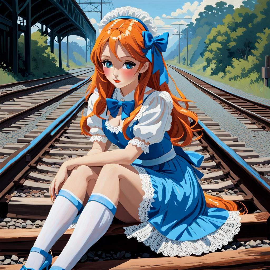 Suicide Girl in Blue Maid-Style Dress