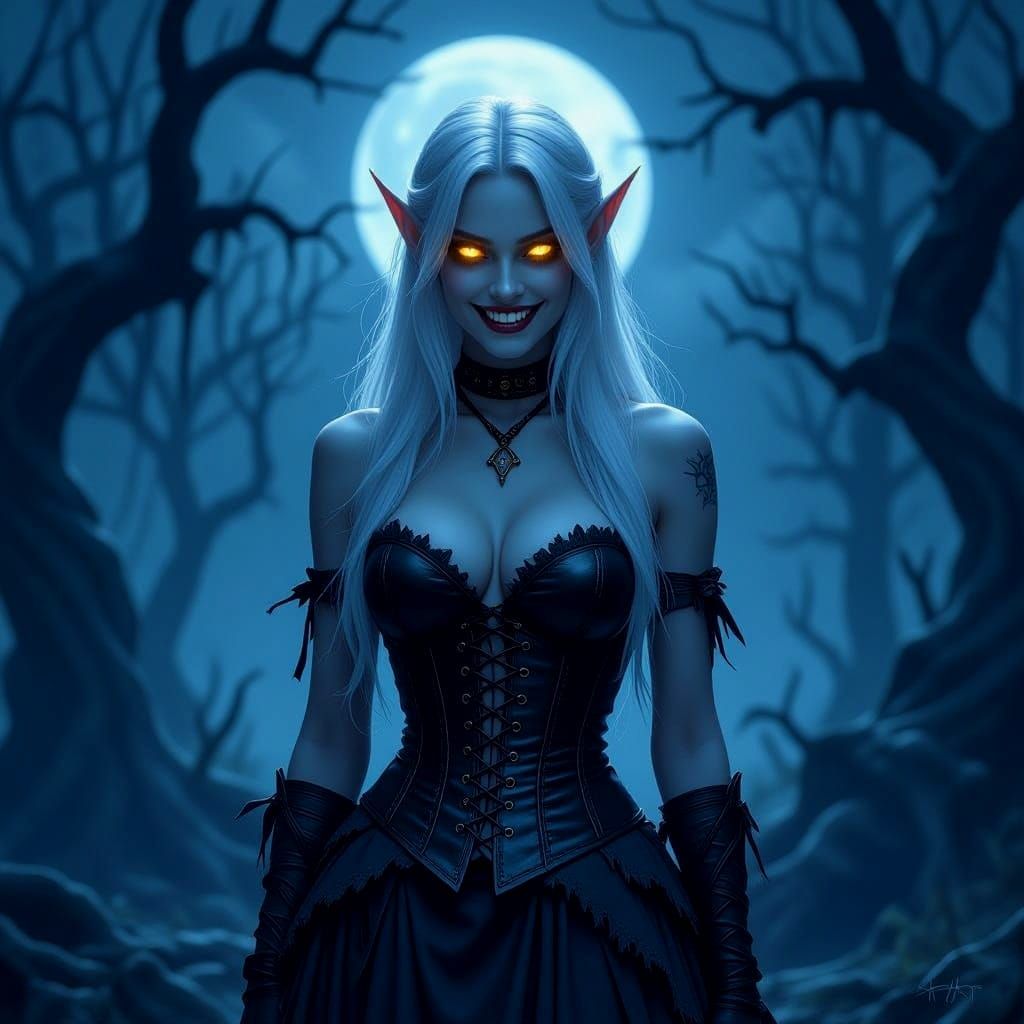 Dark Elf Woman Grinning in Dead Forest