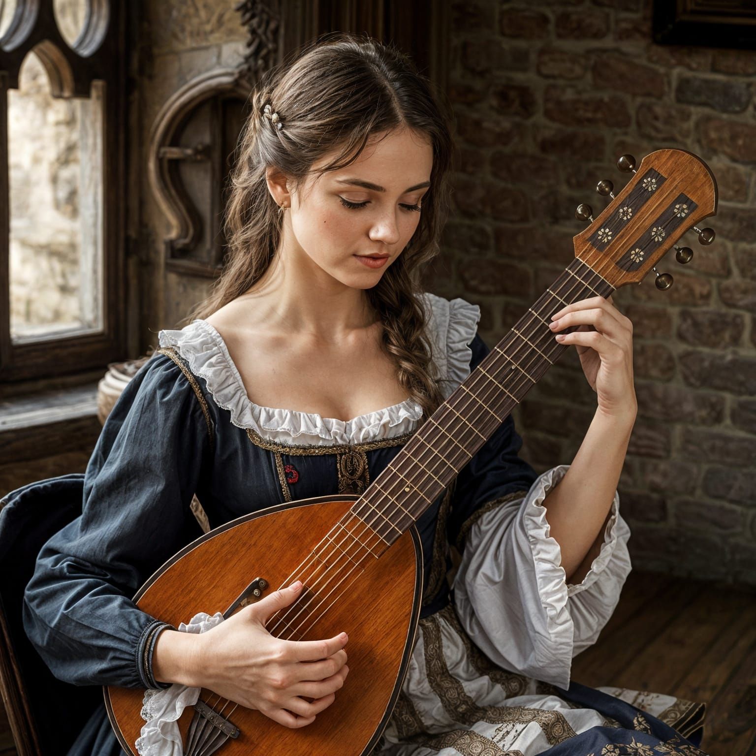 Medieval Woman Plays Note-Shaped Lute