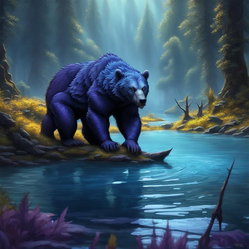 Blue Scaled Bear with Crocodile Tail in Forest