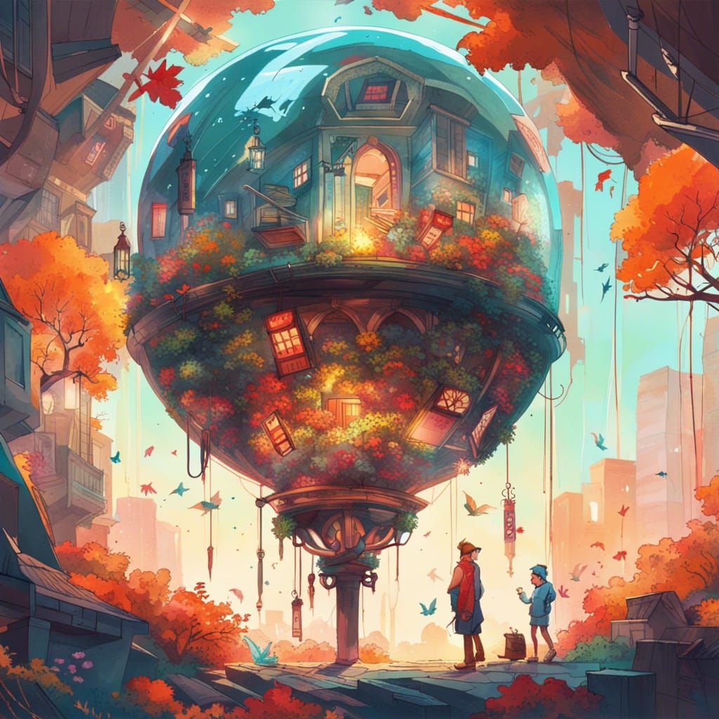 Fox Sleeping in Glass Sphere: Intricate Collage Illustration